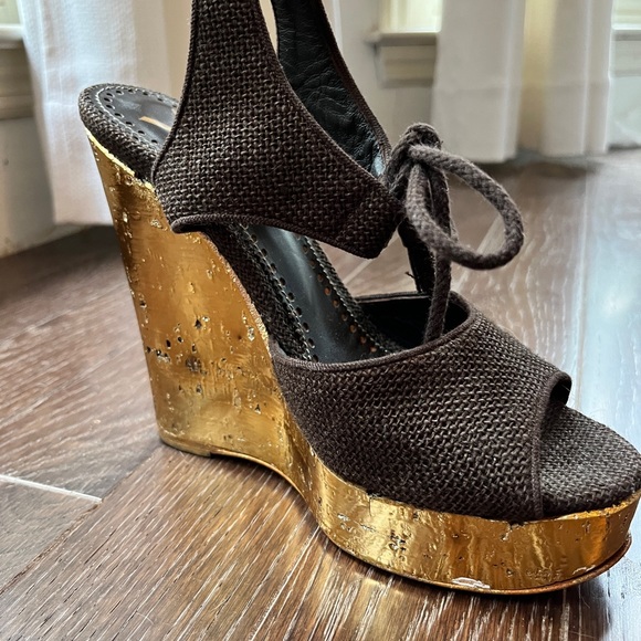 YVES SAINT LAURENT CANVAS WEDGE SANDALS BROWN 38 - Picture 4 of 12